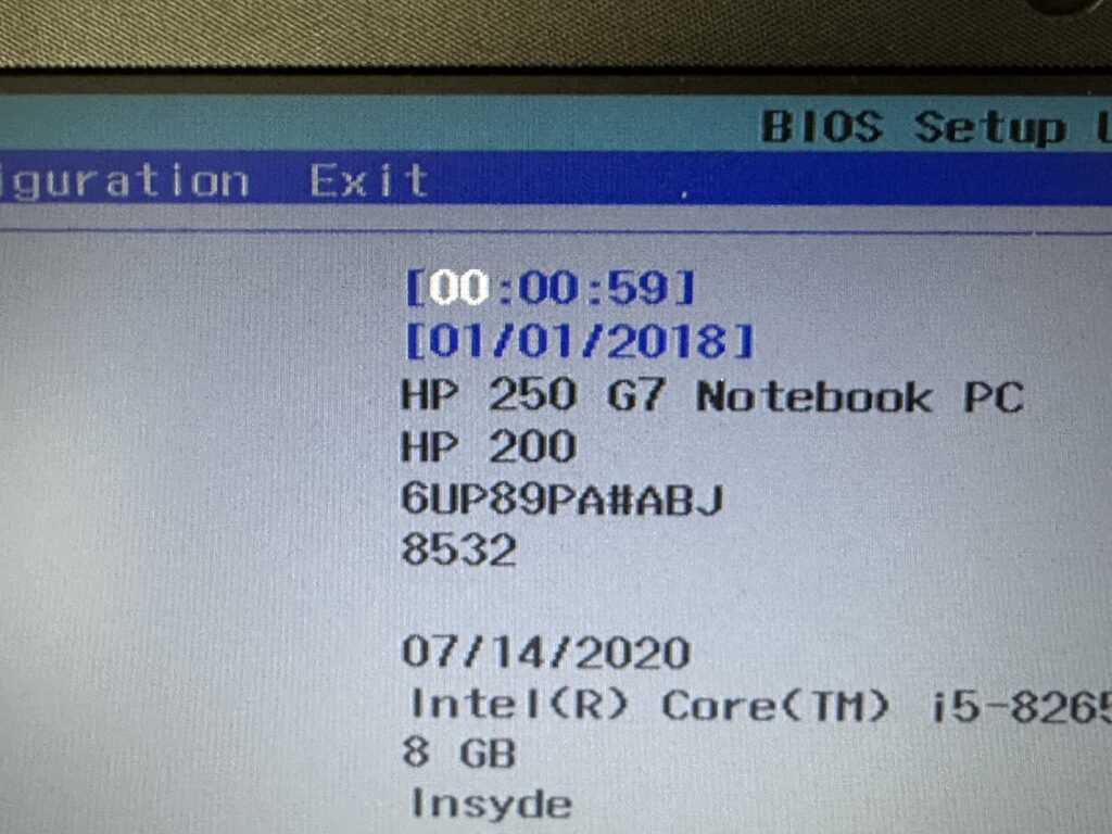 HP 250 G7のBIOSで時刻設定をするところ