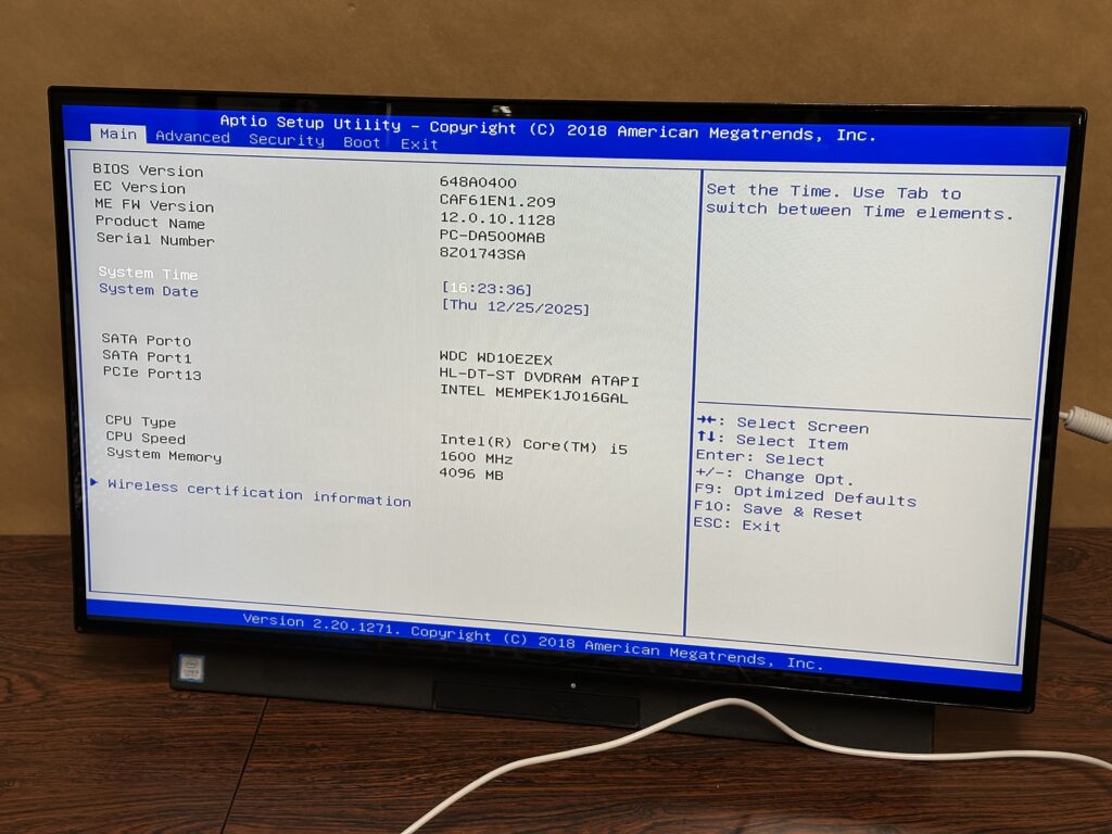 PC-DA500MAB 修理成功しBIOSが起動しているところ。