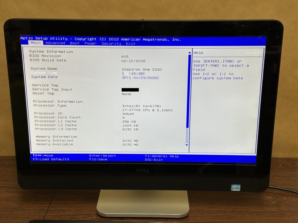 Inspiron one 2230 BIOS修復が成功し、BIOSが起動した様子