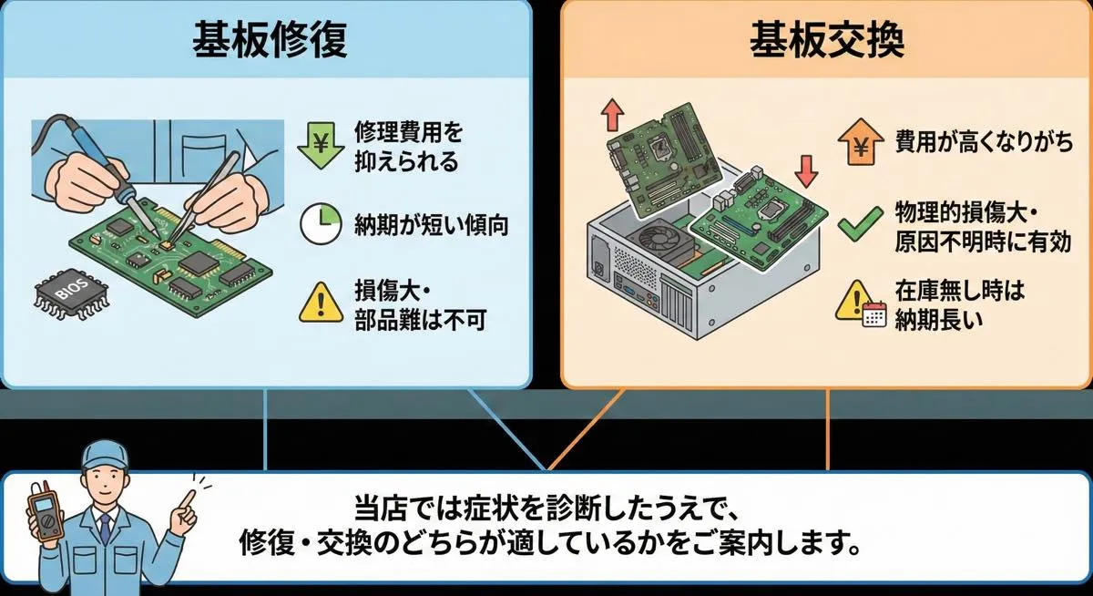 マザーボード修復と交換の違い