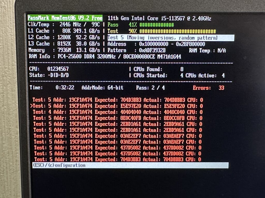Vostro 15 3510 メモリテストでエラー検出